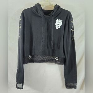 Women's Juniors Black "I Don't Care" Goth Emo Skull Cropped Hoodie Size Large